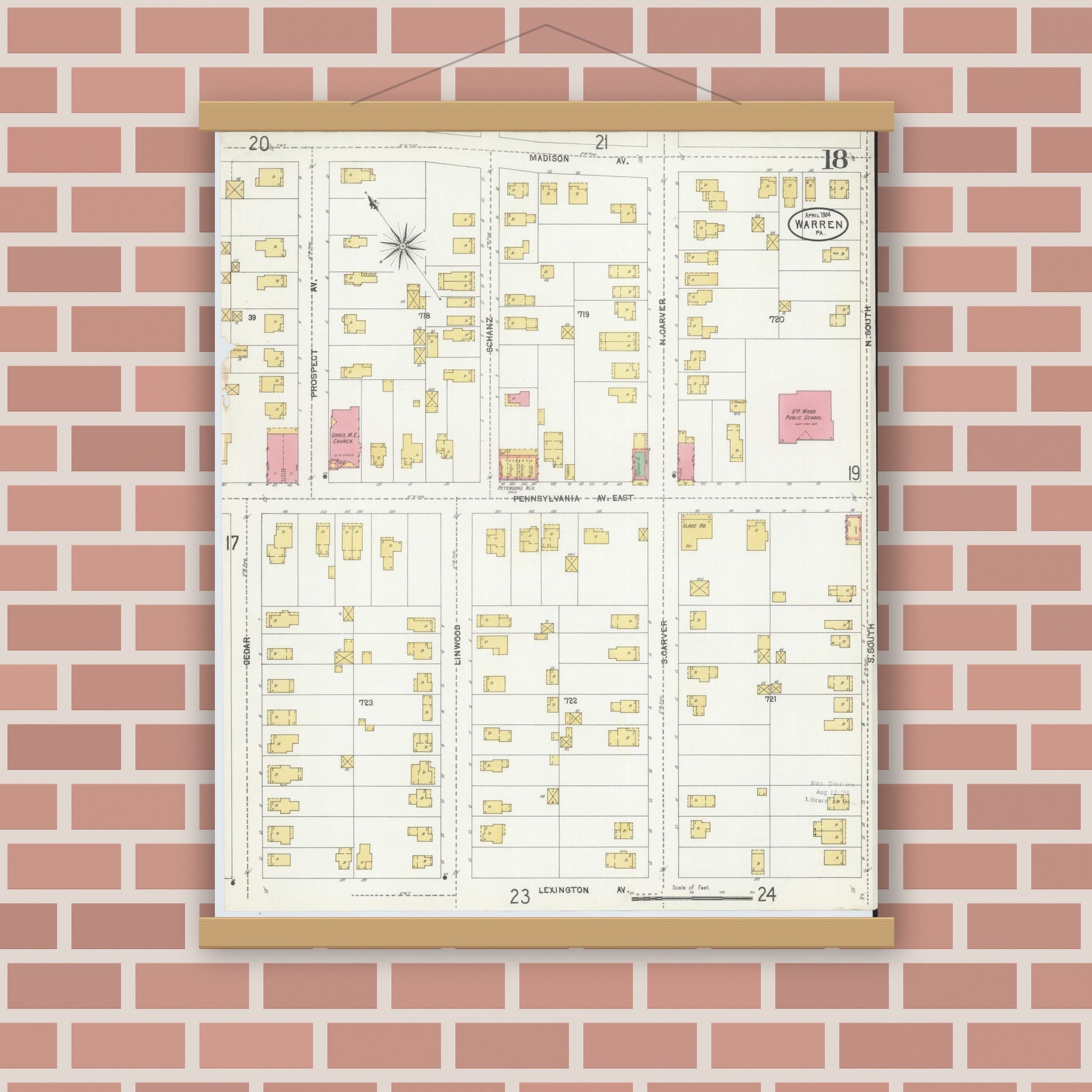 Old map wall art mockup — magnetic wood frame on brick wall — Sanborn Fire Insurance Map from Warren, Warren County, Pennsylvania (1904), Sheet #0018
