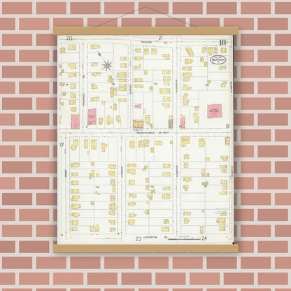 Old map wall art mockup — magnetic wood frame on brick wall — Sanborn Fire Insurance Map from Warren, Warren County, Pennsylvania (1904), Sheet #0018