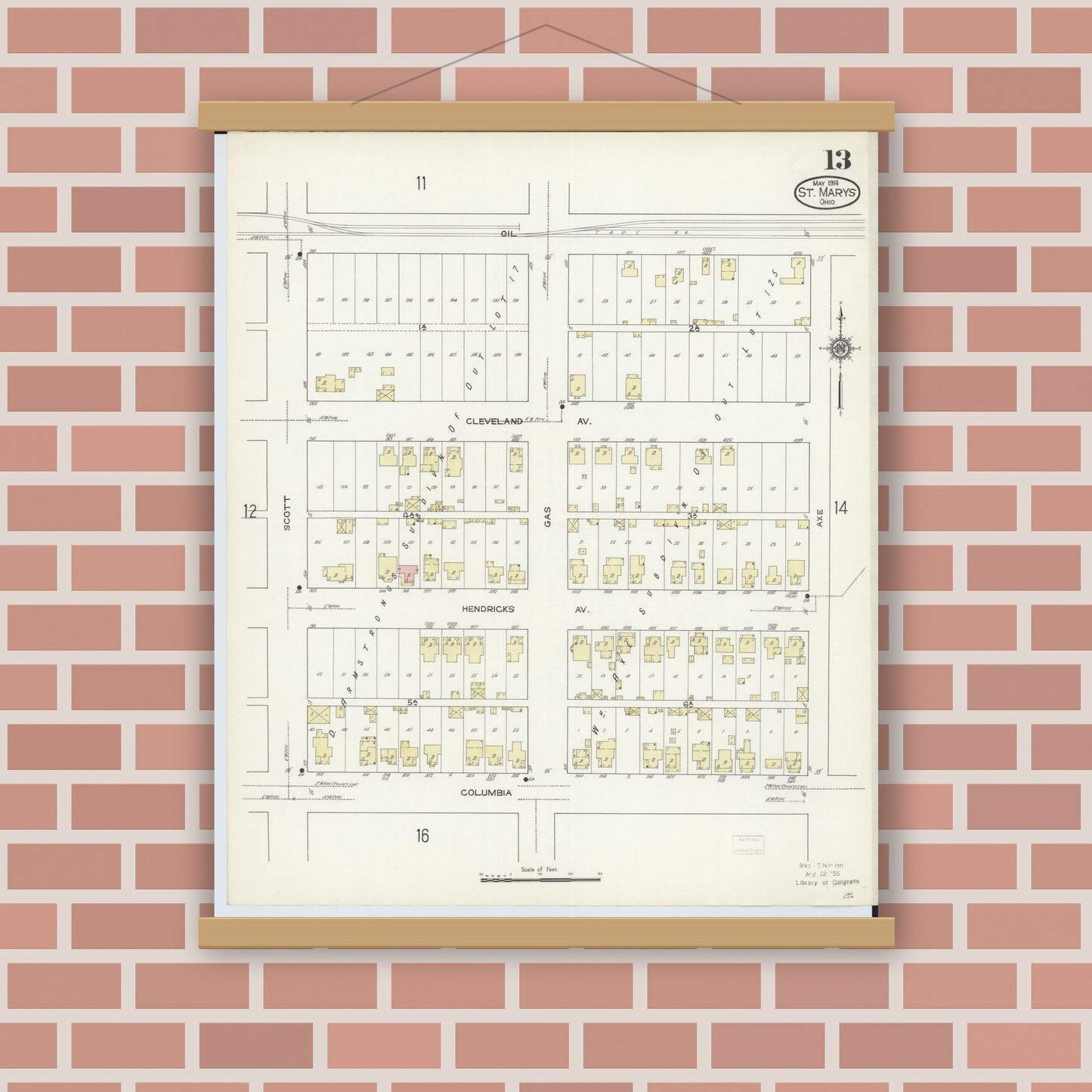 Old map wall art mockup — magnetic wood frame on brick wall — Sanborn Fire Insurance Map from Saint Marys, Auglaize County, Ohio (1914), Sheet #0013