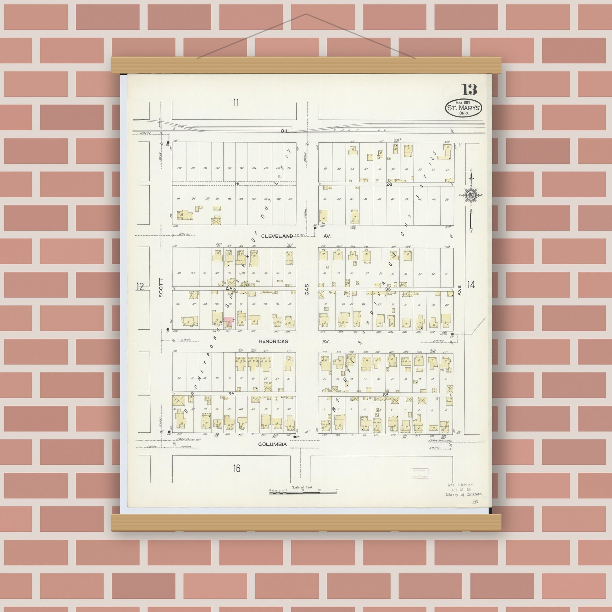 Old map wall art mockup — magnetic wood frame on brick wall — Sanborn Fire Insurance Map from Saint Marys, Auglaize County, Ohio (1914), Sheet #0013