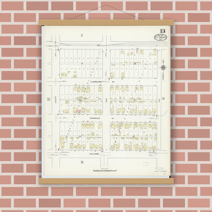 Old map wall art mockup — magnetic wood frame on brick wall — Sanborn Fire Insurance Map from Saint Marys, Auglaize County, Ohio (1914), Sheet #0013