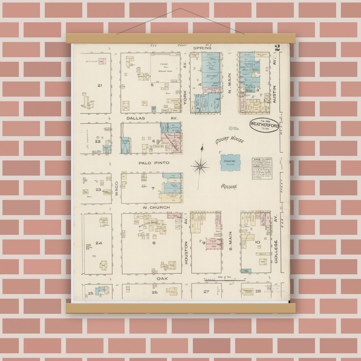 Old map wall art mockup — magnetic wood frame on brick wall — Sanborn Fire Insurance Map from Weatherford, Parker County, Texas (1885), Sheet #0002