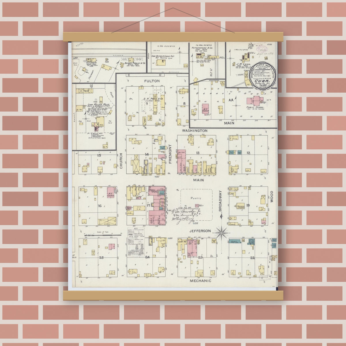 Old map wall art mockup — magnetic wood frame on brick wall — Sanborn Fire Insurance Map from Cuba, Fulton County, Illinois (1893), Sheet #0001