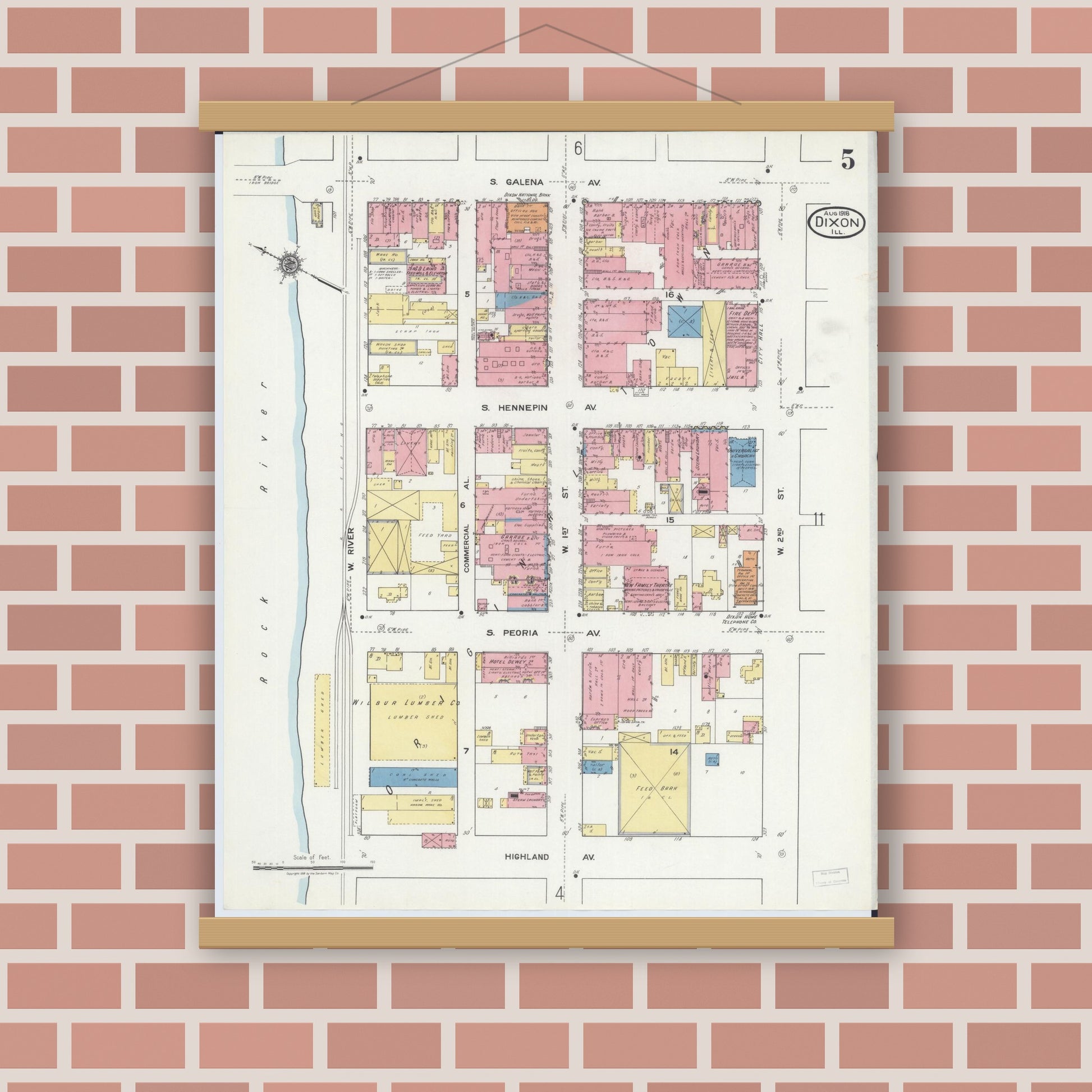 Old map wall art mockup — magnetic wood frame on brick wall — Sanborn Fire Insurance Map from Dixon, Lee County, Illinois (1918), Sheet #0005