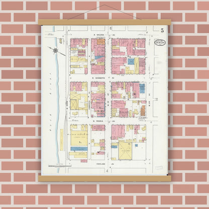 Old map wall art mockup — magnetic wood frame on brick wall — Sanborn Fire Insurance Map from Dixon, Lee County, Illinois (1918), Sheet #0005
