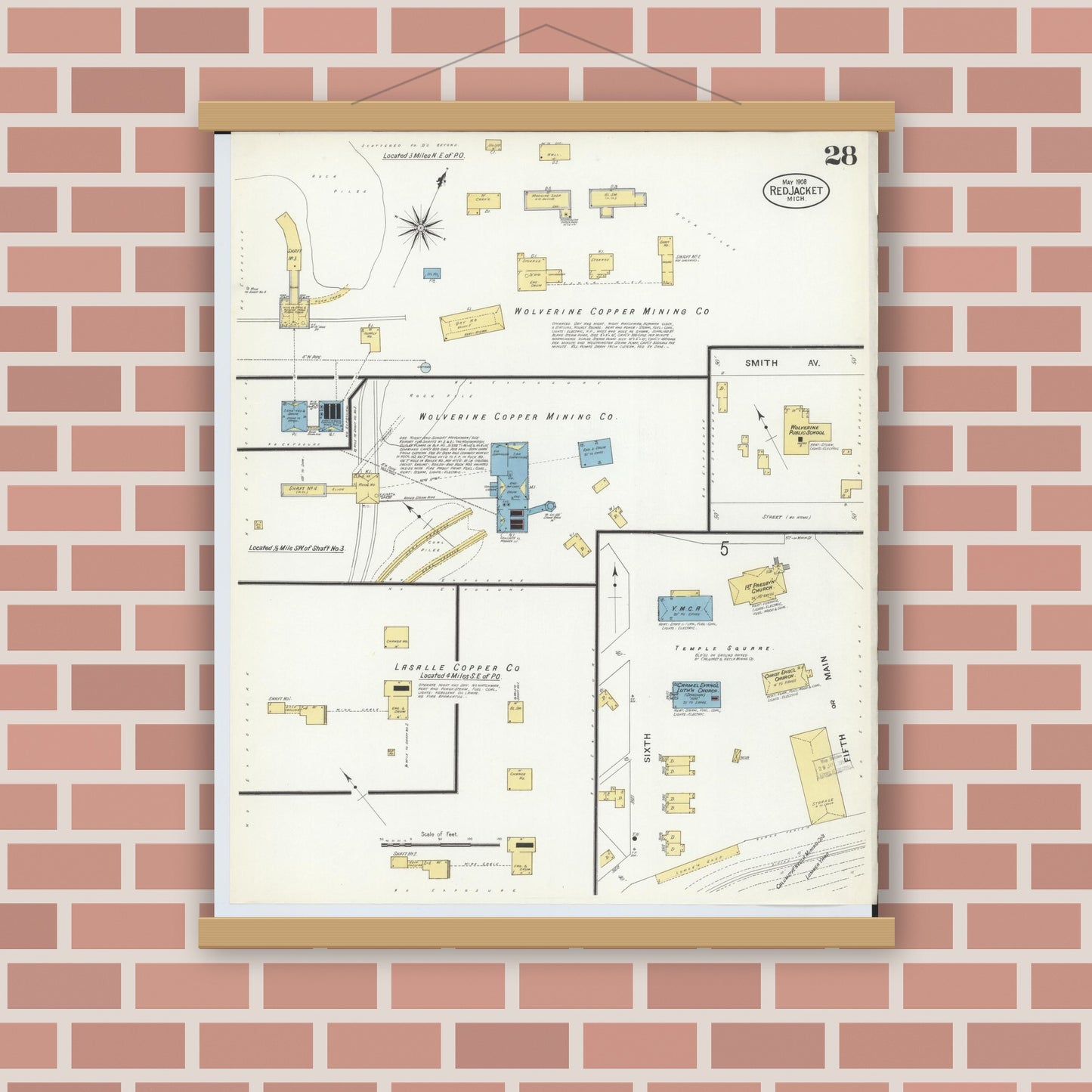 Old map wall art mockup — magnetic wood frame on brick wall — Sanborn Fire Insurance Map from Red Jacket, Houghton County, Michigan (1908), Sheet #0028