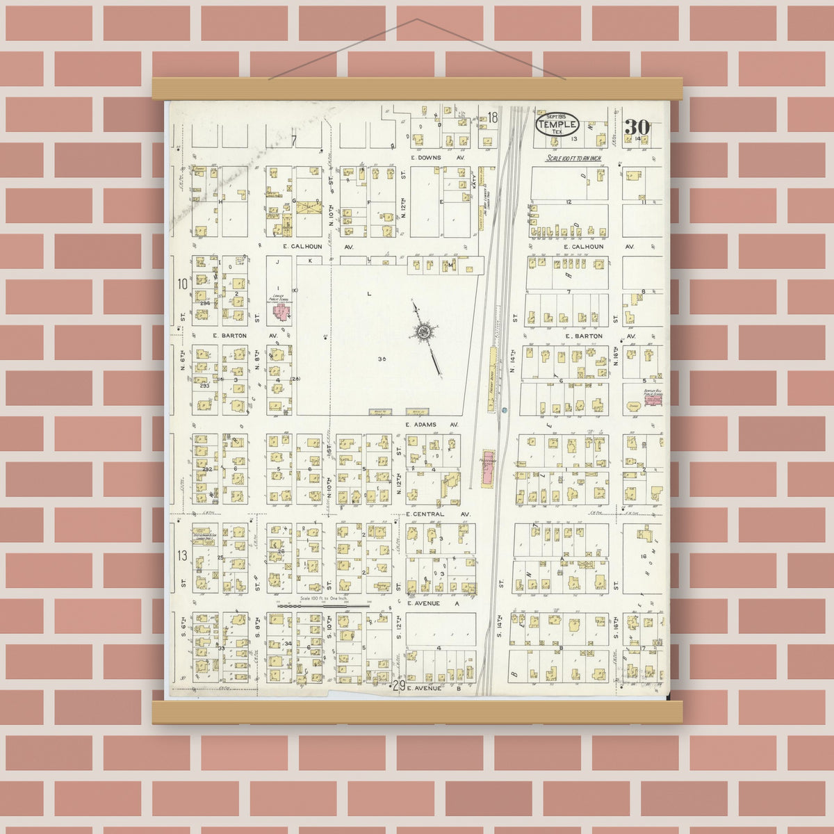 Old map wall art mockup — magnetic wood frame on brick wall — Sanborn Fire Insurance Map from Temple, Bell County, Texas (1915), Sheet #0030