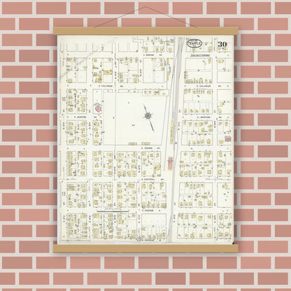 Old map wall art mockup — magnetic wood frame on brick wall — Sanborn Fire Insurance Map from Temple, Bell County, Texas (1915), Sheet #0030