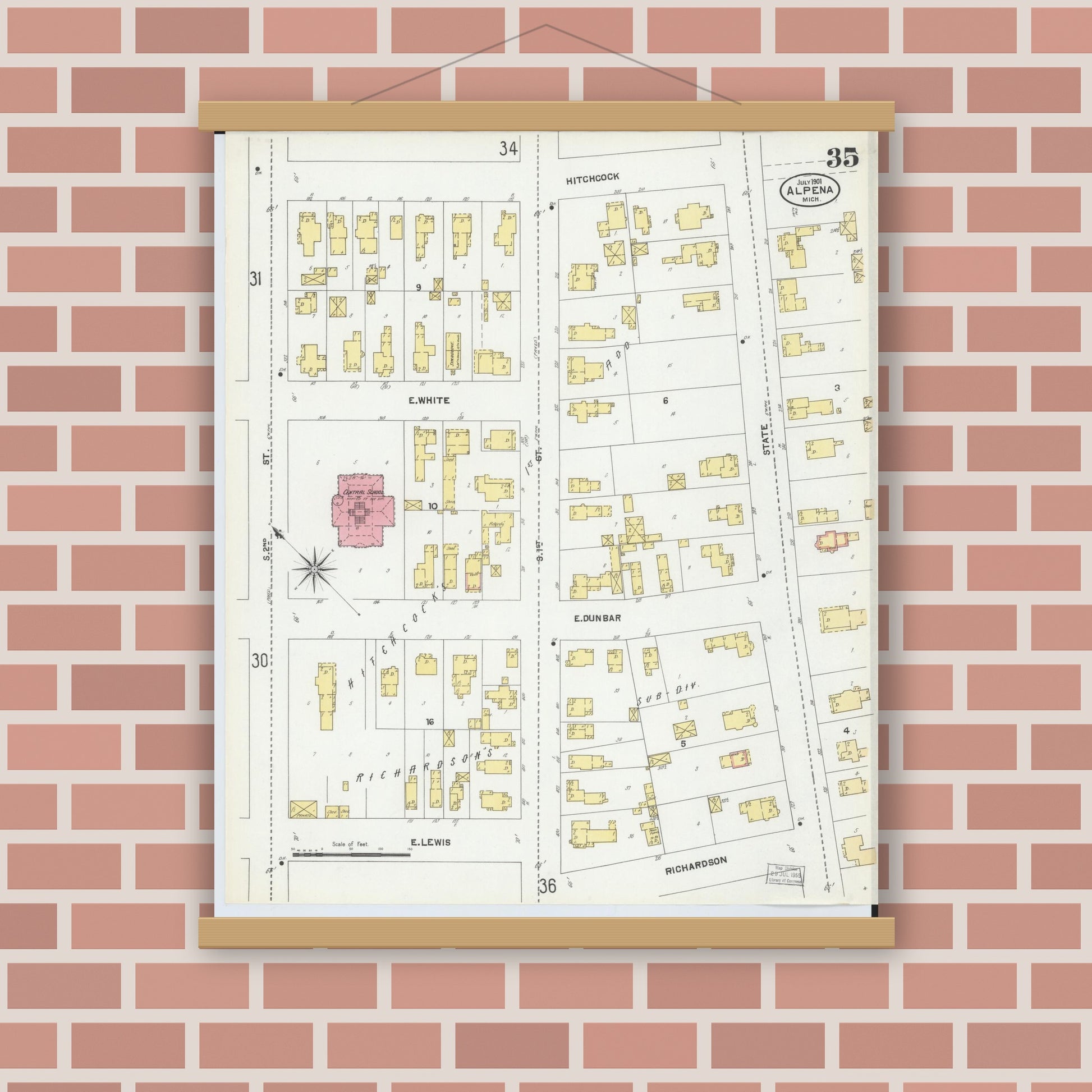 Old map wall art mockup — magnetic wood frame on brick wall — Sanborn Fire Insurance Map from Alpena, Alpena County, Michigan (1901), Sheet #0035
