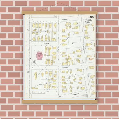 Old map wall art mockup — magnetic wood frame on brick wall — Sanborn Fire Insurance Map from Alpena, Alpena County, Michigan (1901), Sheet #0035