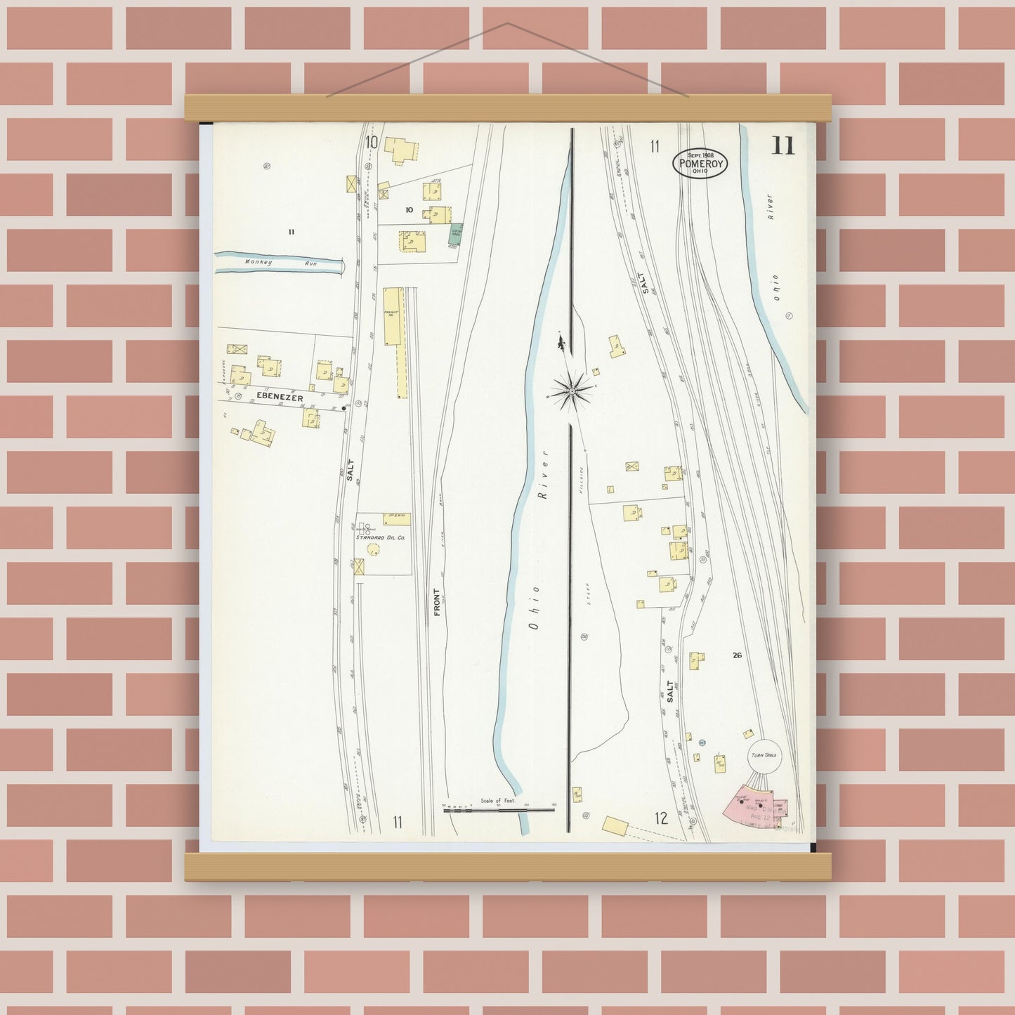 Old map wall art mockup — magnetic wood frame on brick wall — Sanborn Fire Insurance Map from Pomeroy, Meigs County, Ohio (1908), Sheet #0011