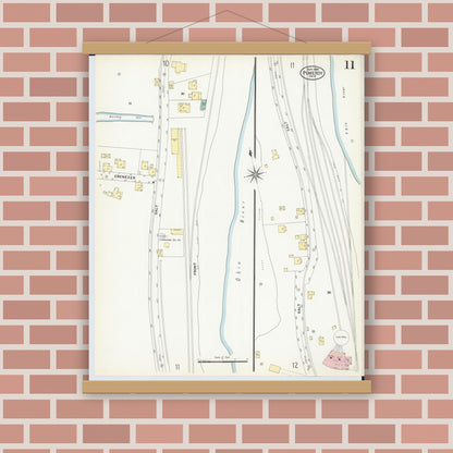Old map wall art mockup — magnetic wood frame on brick wall — Sanborn Fire Insurance Map from Pomeroy, Meigs County, Ohio (1908), Sheet #0011