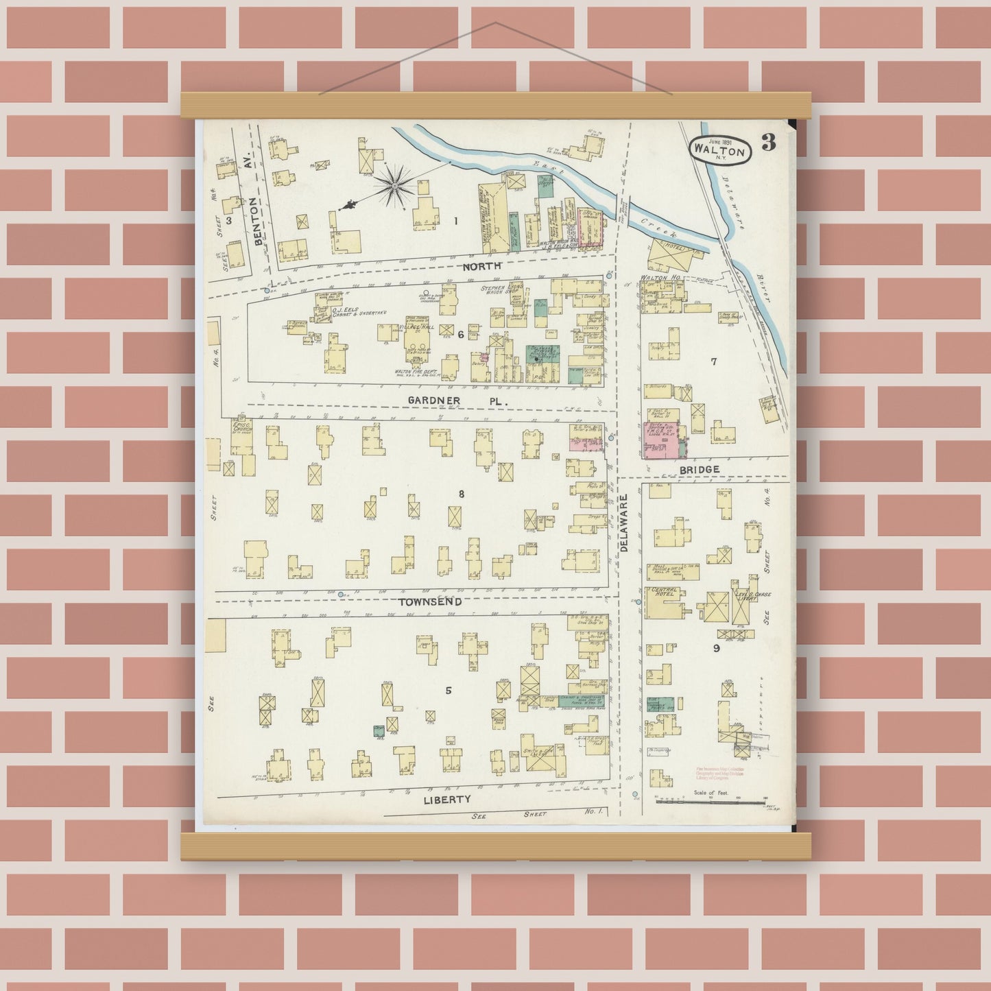 Old map wall art mockup — magnetic wood frame on brick wall — Sanborn Fire Insurance Map from Walton, Delaware County, New York (1891), Sheet #0003