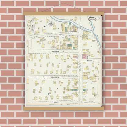 Old map wall art mockup — magnetic wood frame on brick wall — Sanborn Fire Insurance Map from Walton, Delaware County, New York (1891), Sheet #0003