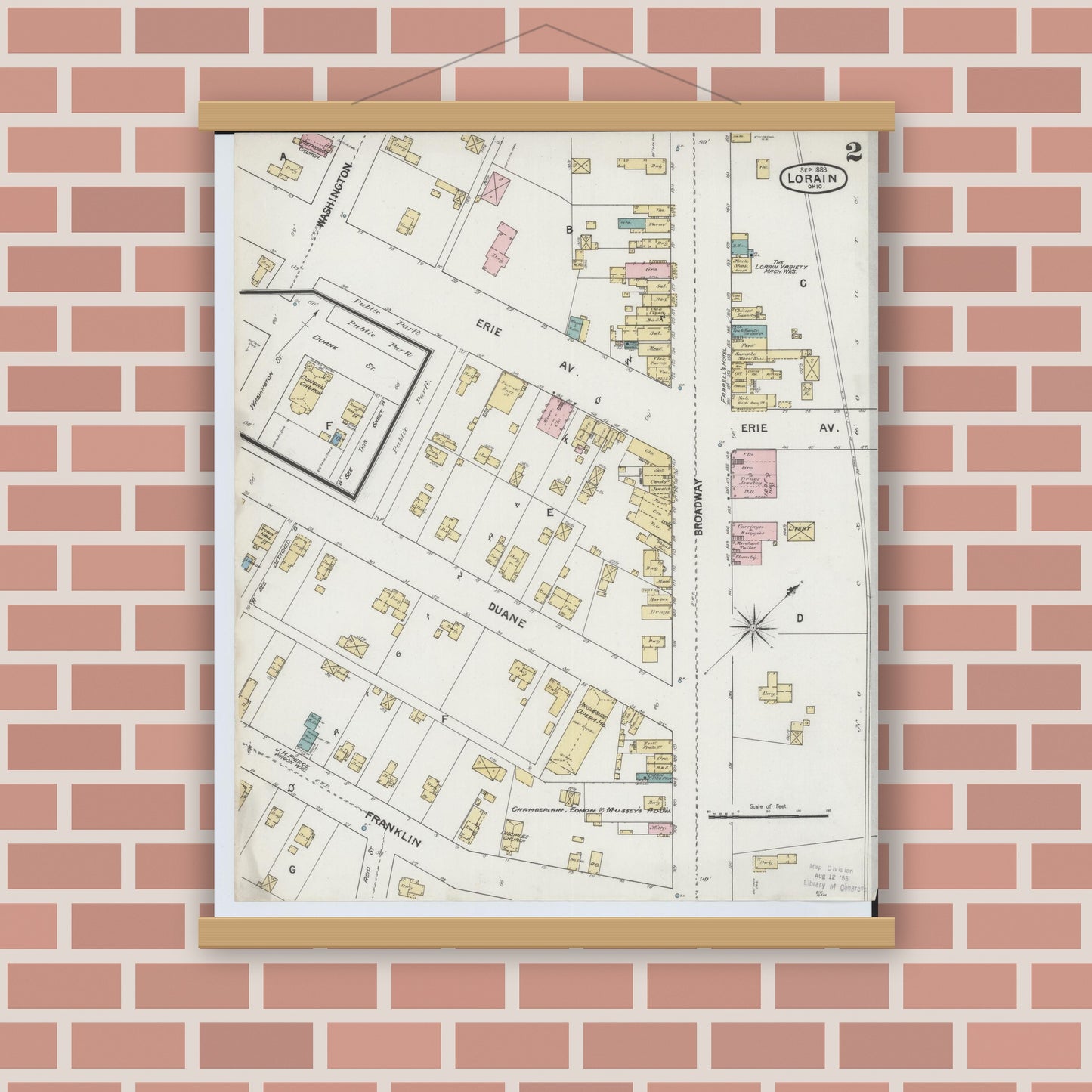 Old map wall art mockup — magnetic wood frame on brick wall — Sanborn Fire Insurance Map from Lorain, Lorain County, Ohio (1888), Sheet #0002