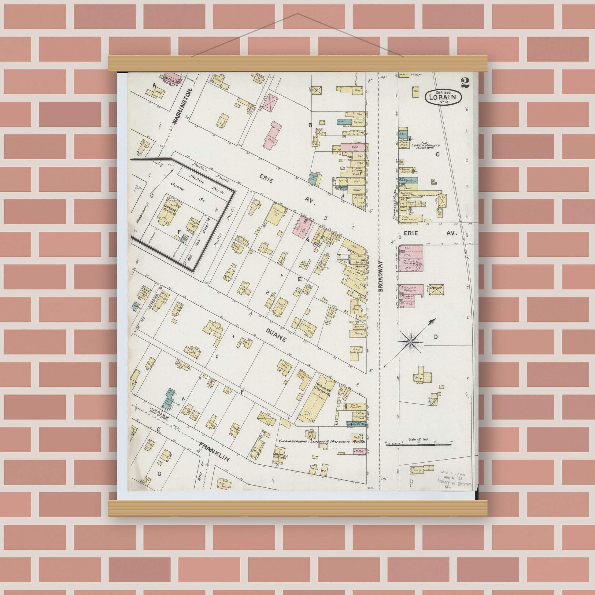 Old map wall art mockup — magnetic wood frame on brick wall — Sanborn Fire Insurance Map from Lorain, Lorain County, Ohio (1888), Sheet #0002