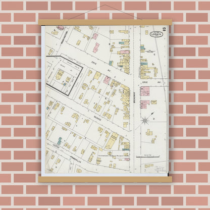 Old map wall art mockup — magnetic wood frame on brick wall — Sanborn Fire Insurance Map from Lorain, Lorain County, Ohio (1888), Sheet #0002