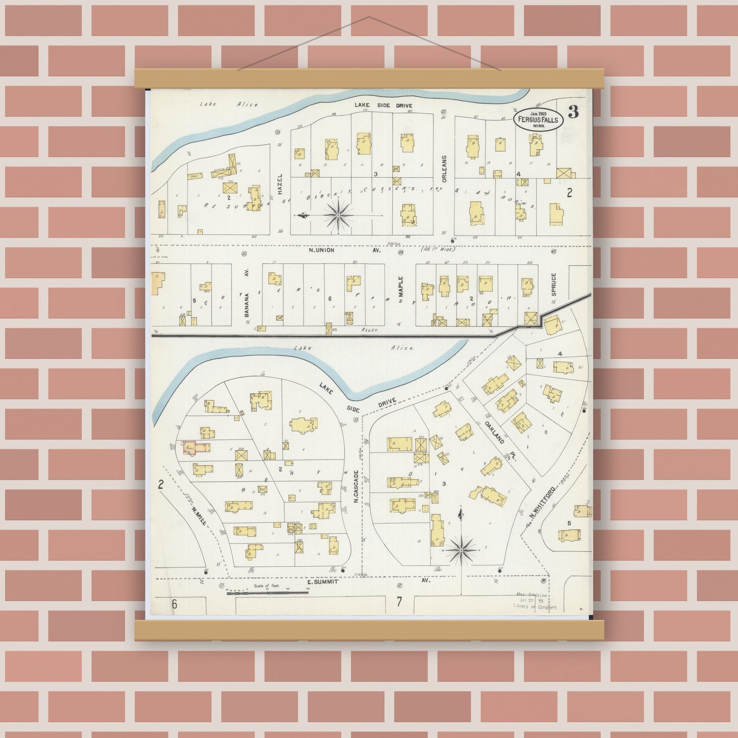 Old map wall art mockup — magnetic wood frame on brick wall — Sanborn Fire Insurance Map from Fergus Falls, Otter Tail County, Minnesota (1903), Sheet #0003