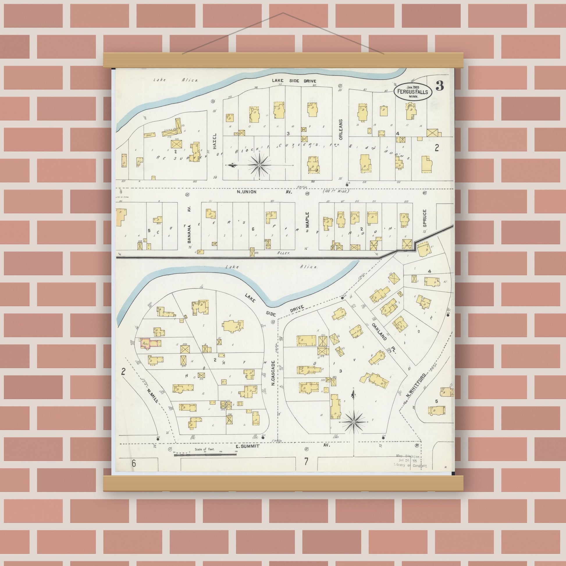 Old map wall art mockup — magnetic wood frame on brick wall — Sanborn Fire Insurance Map from Fergus Falls, Otter Tail County, Minnesota (1903), Sheet #0003