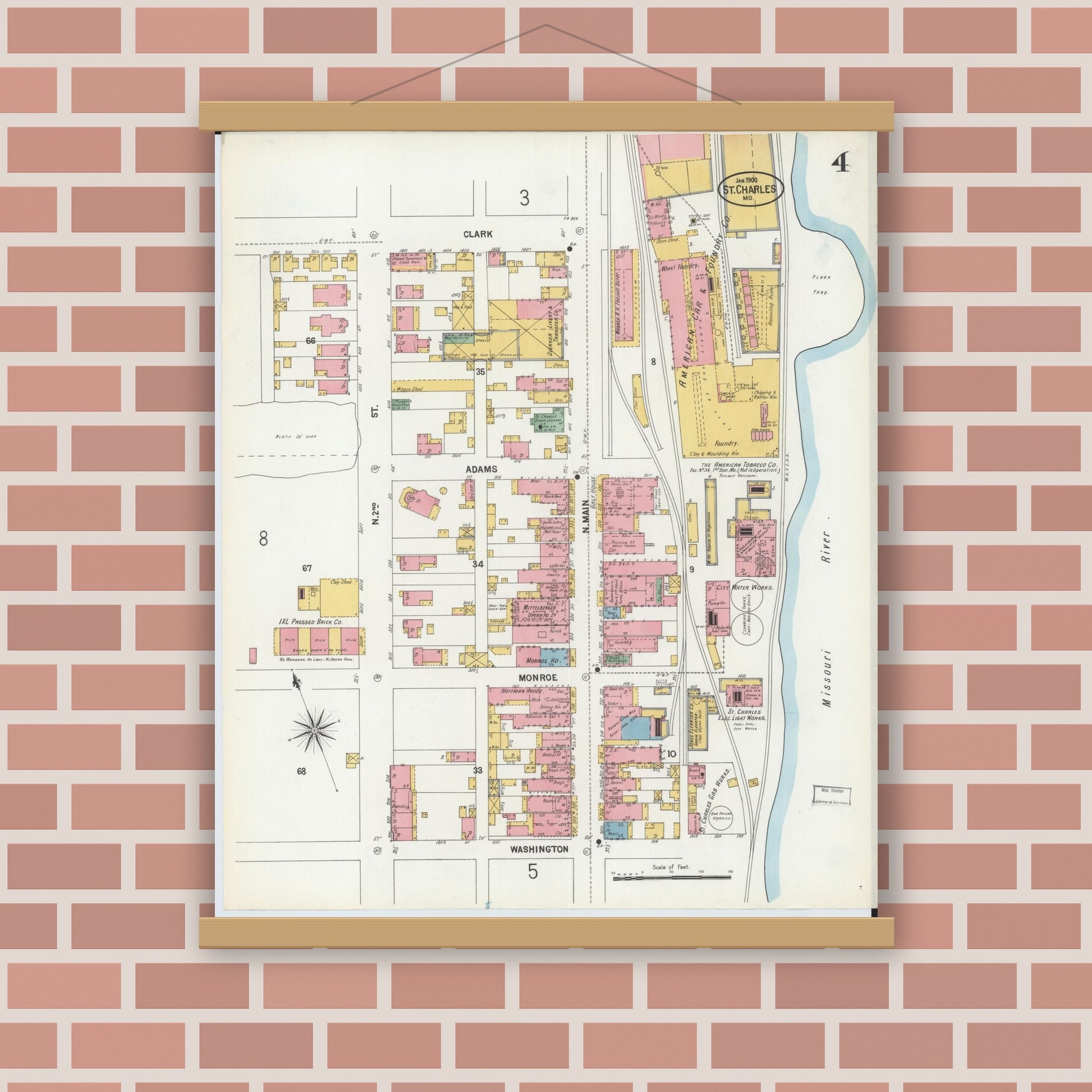 Old map wall art mockup — magnetic wood frame on brick wall — Sanborn Fire Insurance Map from Saint Charles, Saint Charles County, Missouri (1900), Sheet #0004