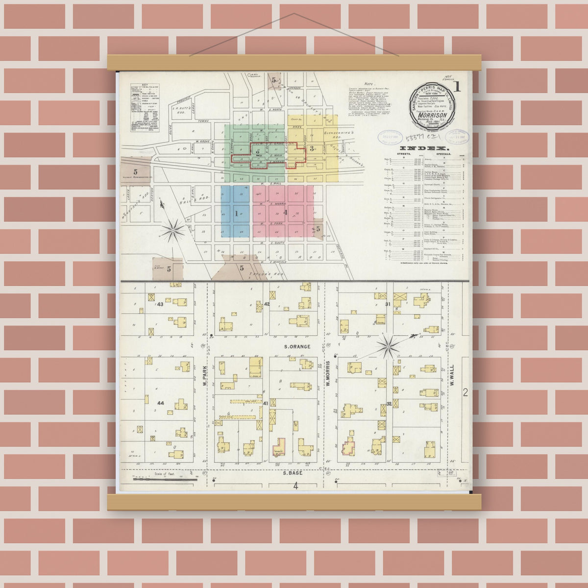 Old map wall art mockup — magnetic wood frame on brick wall — Sanborn Fire Insurance Map from Morrison, Whiteside County, Illinois (1897), Sheet #0001