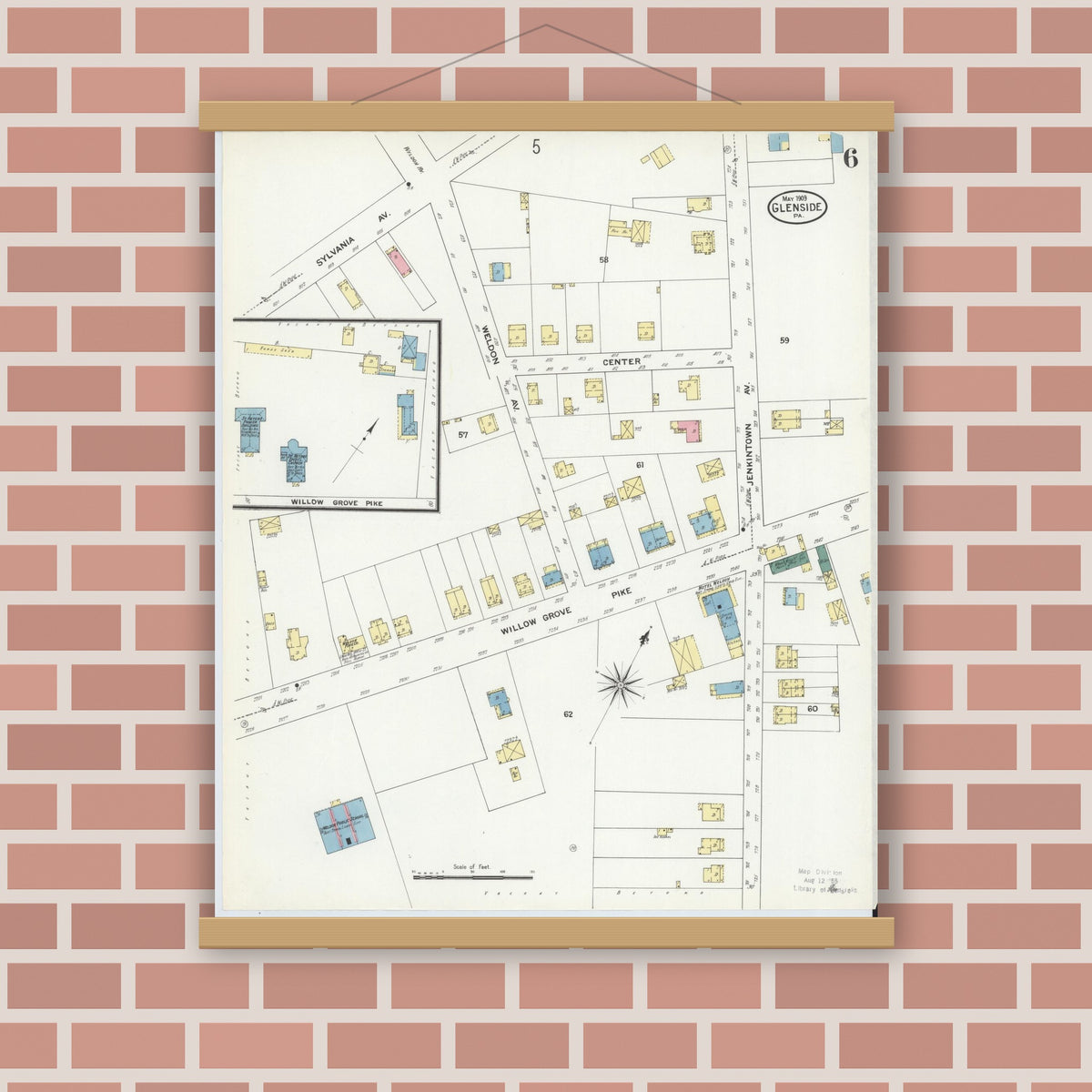 Old map wall art mockup — magnetic wood frame on brick wall — Sanborn Fire Insurance Map from Glenside, Montgomery County, Pennsylvania (1909), Sheet #0006