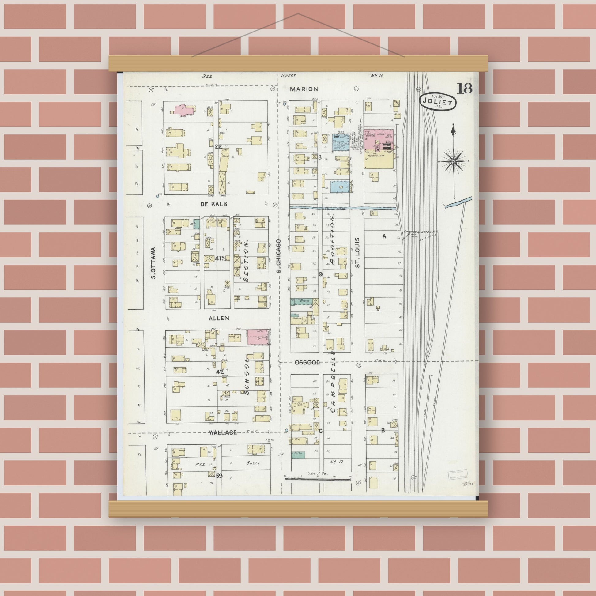Old map wall art mockup — magnetic wood frame on brick wall — Sanborn Fire Insurance Map from Joliet, Will County, Illinois (1891), Sheet #0018