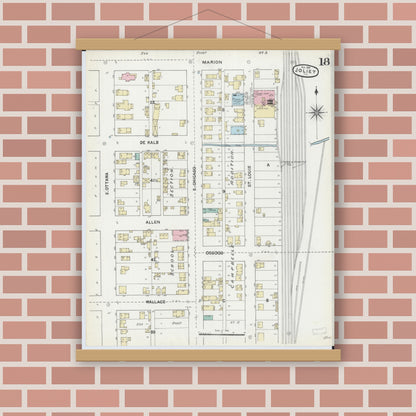 Old map wall art mockup — magnetic wood frame on brick wall — Sanborn Fire Insurance Map from Joliet, Will County, Illinois (1891), Sheet #0018