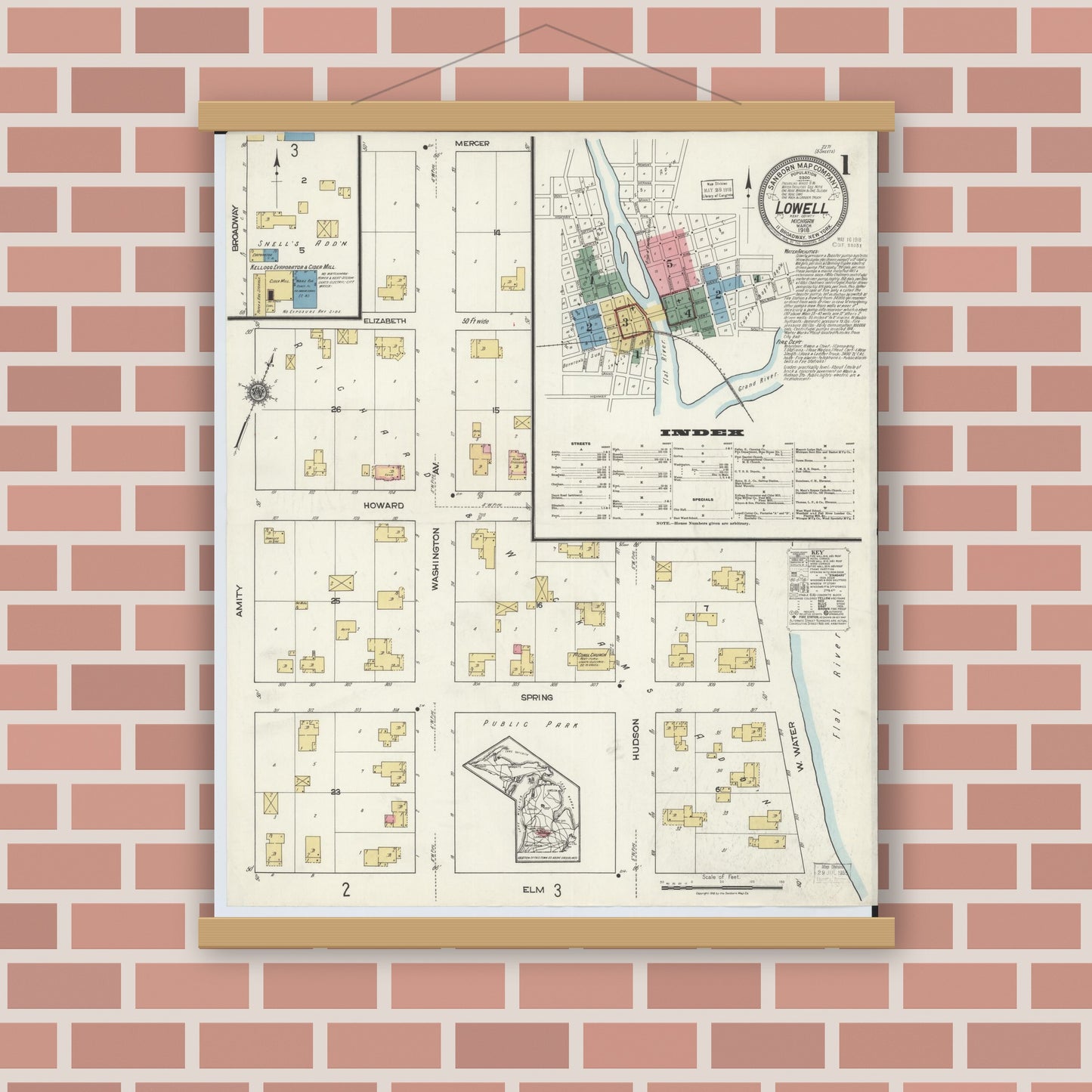 Old map wall art mockup — magnetic wood frame on brick wall — Sanborn Fire Insurance Map from Lowell, Kent County, Michigan (1918) - Complete Map Set
