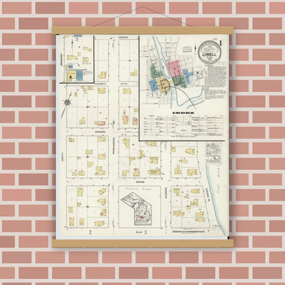 Old map wall art mockup — magnetic wood frame on brick wall — Sanborn Fire Insurance Map from Lowell, Kent County, Michigan (1918) - Complete Map Set