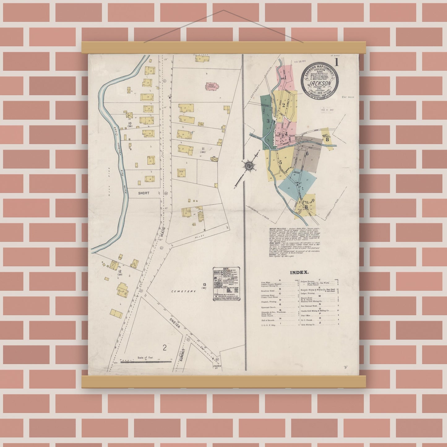 Old map wall art mockup — magnetic wood frame on brick wall — Sanborn Fire Insurance Map from Jackson, Amador County, California (1912) - Complete Map Set