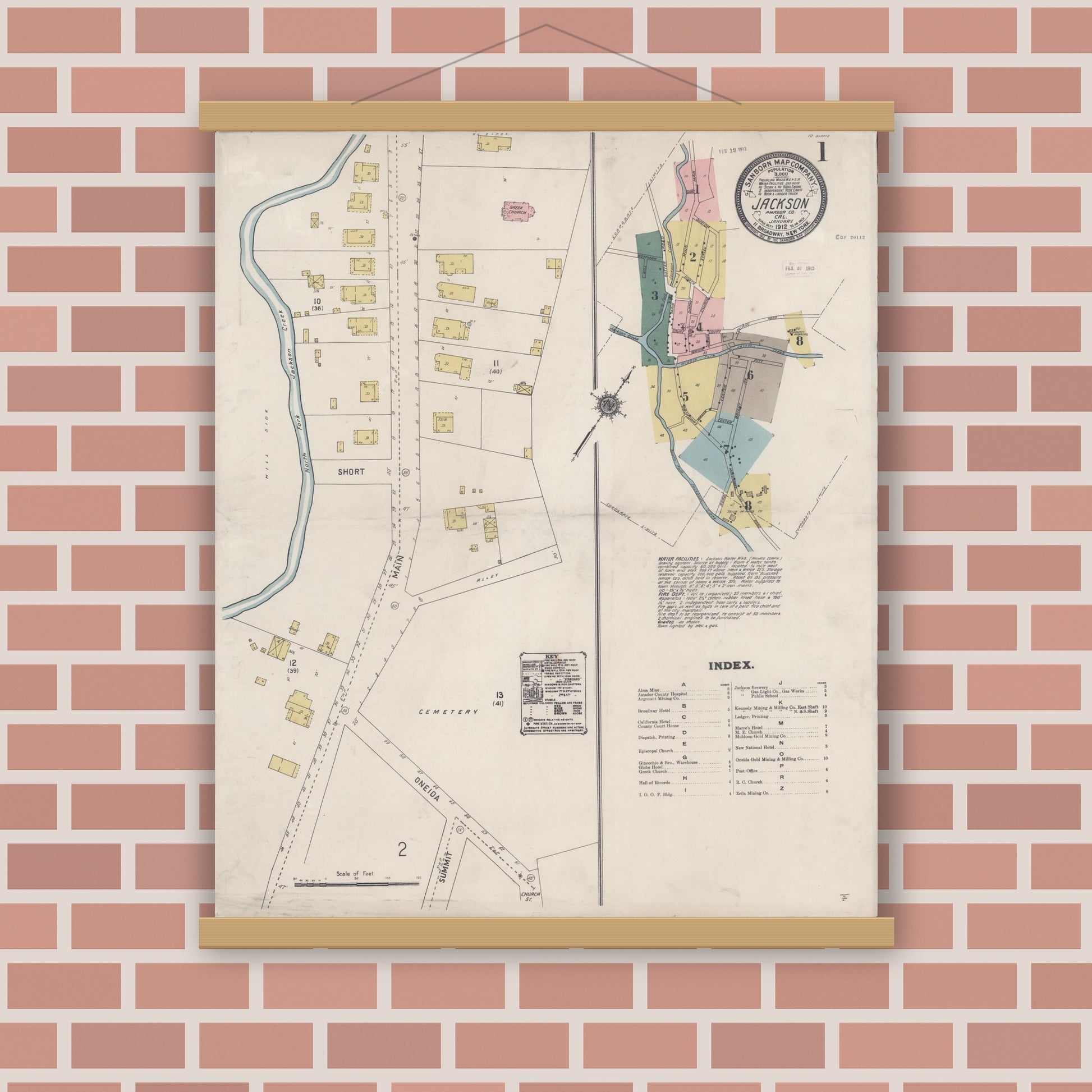 Old map wall art mockup — magnetic wood frame on brick wall — Sanborn Fire Insurance Map from Jackson, Amador County, California (1912) - Complete Map Set