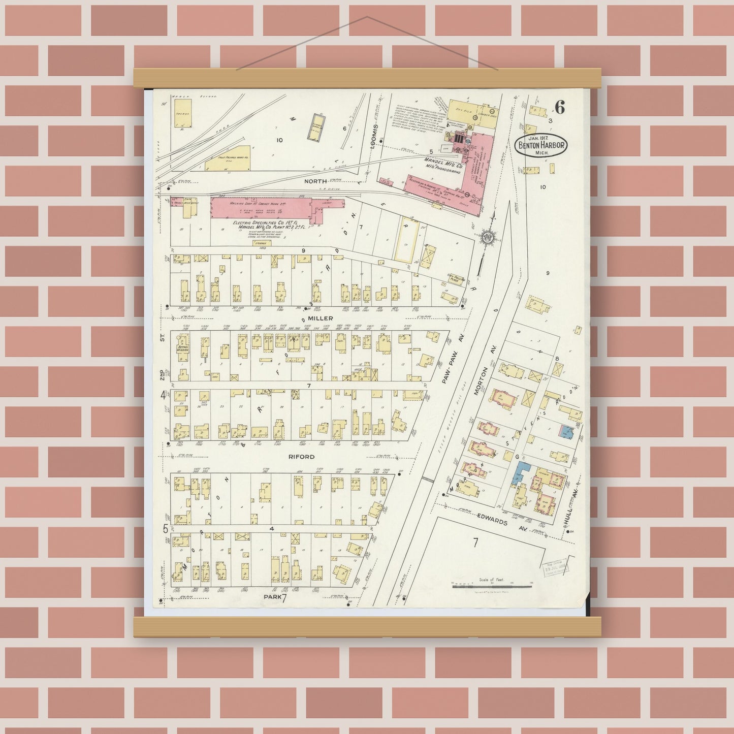 Old map wall art mockup — magnetic wood frame on brick wall — Sanborn Fire Insurance Map from Benton Harbor, Berrien County, Michigan (1917), Sheet #0006