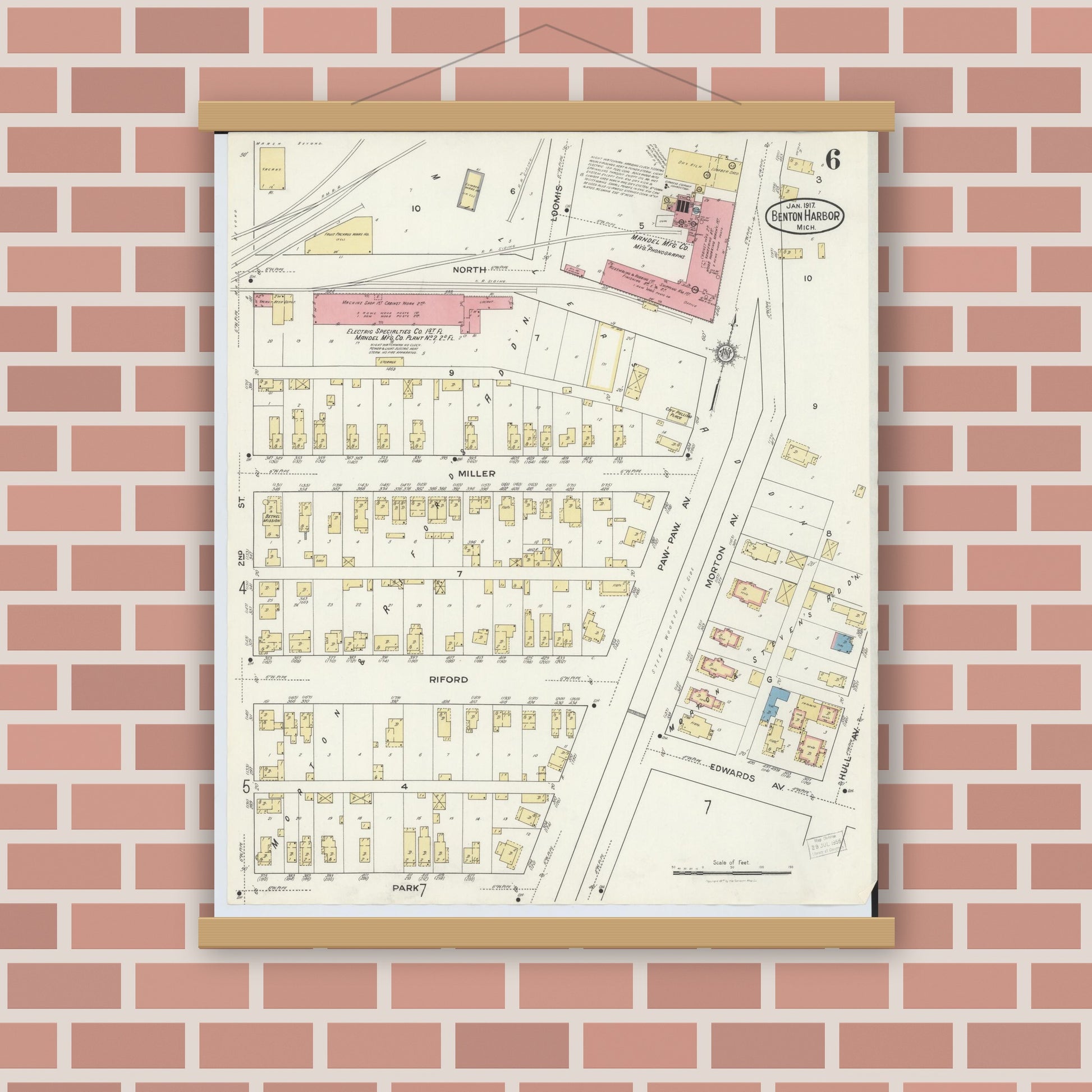 Old map wall art mockup — magnetic wood frame on brick wall — Sanborn Fire Insurance Map from Benton Harbor, Berrien County, Michigan (1917), Sheet #0006