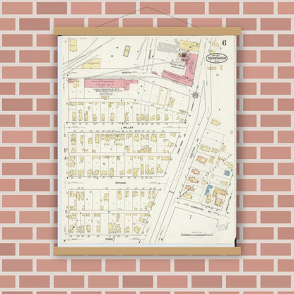 Old map wall art mockup — magnetic wood frame on brick wall — Sanborn Fire Insurance Map from Benton Harbor, Berrien County, Michigan (1917), Sheet #0006
