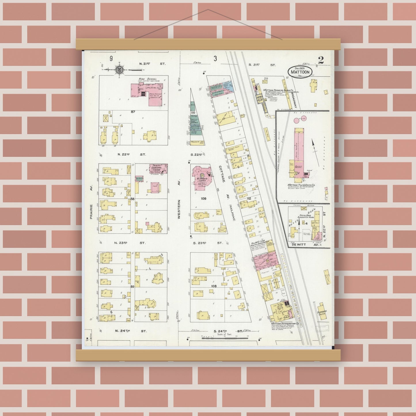 Old map wall art mockup — magnetic wood frame on brick wall — Sanborn Fire Insurance Map from Mattoon, Coles County, Illinois (1909), Sheet #0002