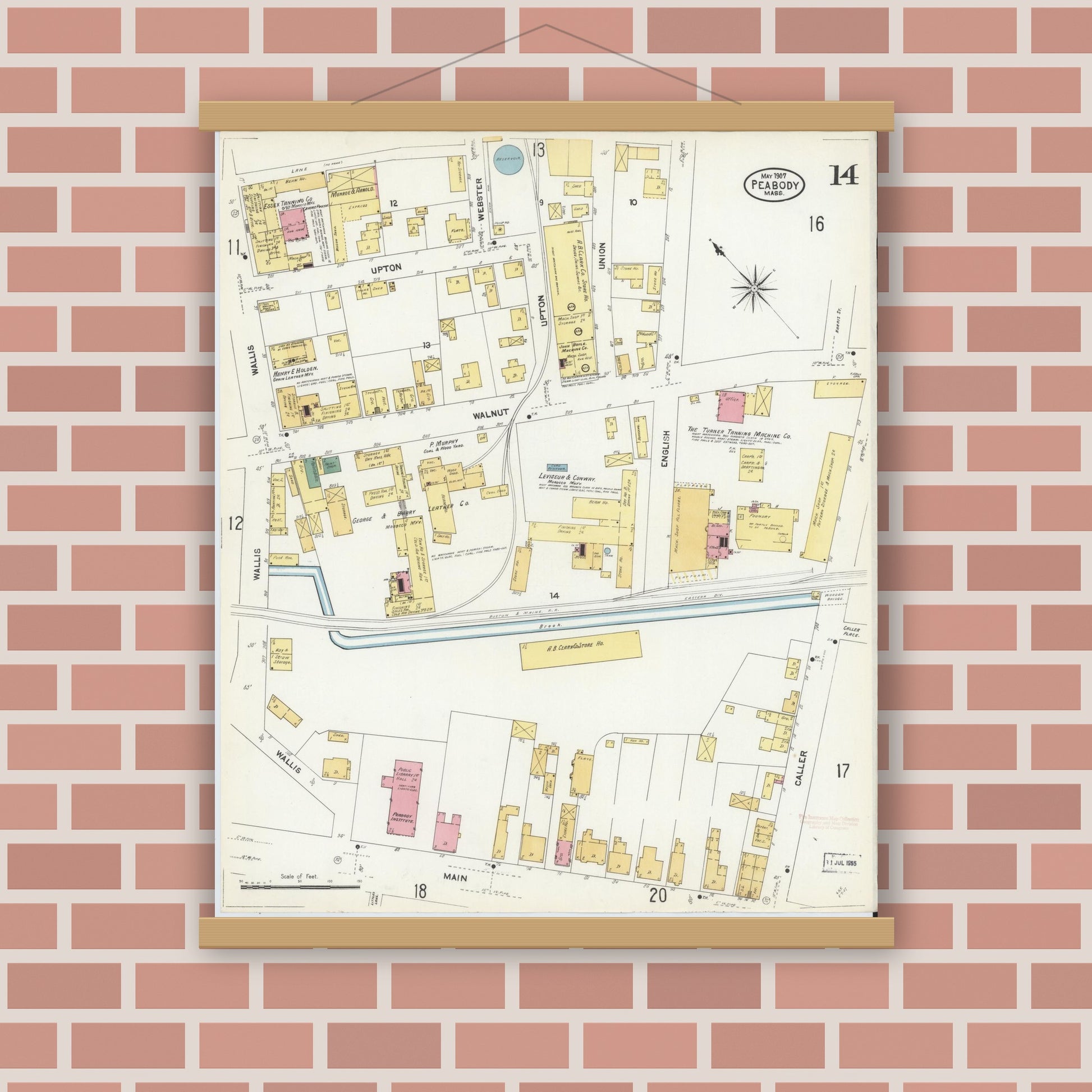 Old map wall art mockup — magnetic wood frame on brick wall — Sanborn Fire Insurance Map from Peabody, Essex County, Massachusetts (1907), Sheet #0014