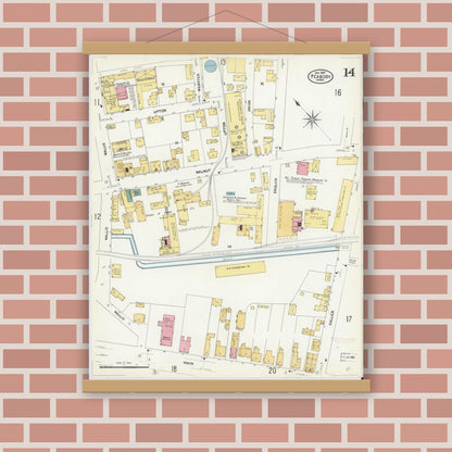 Old map wall art mockup — magnetic wood frame on brick wall — Sanborn Fire Insurance Map from Peabody, Essex County, Massachusetts (1907), Sheet #0014
