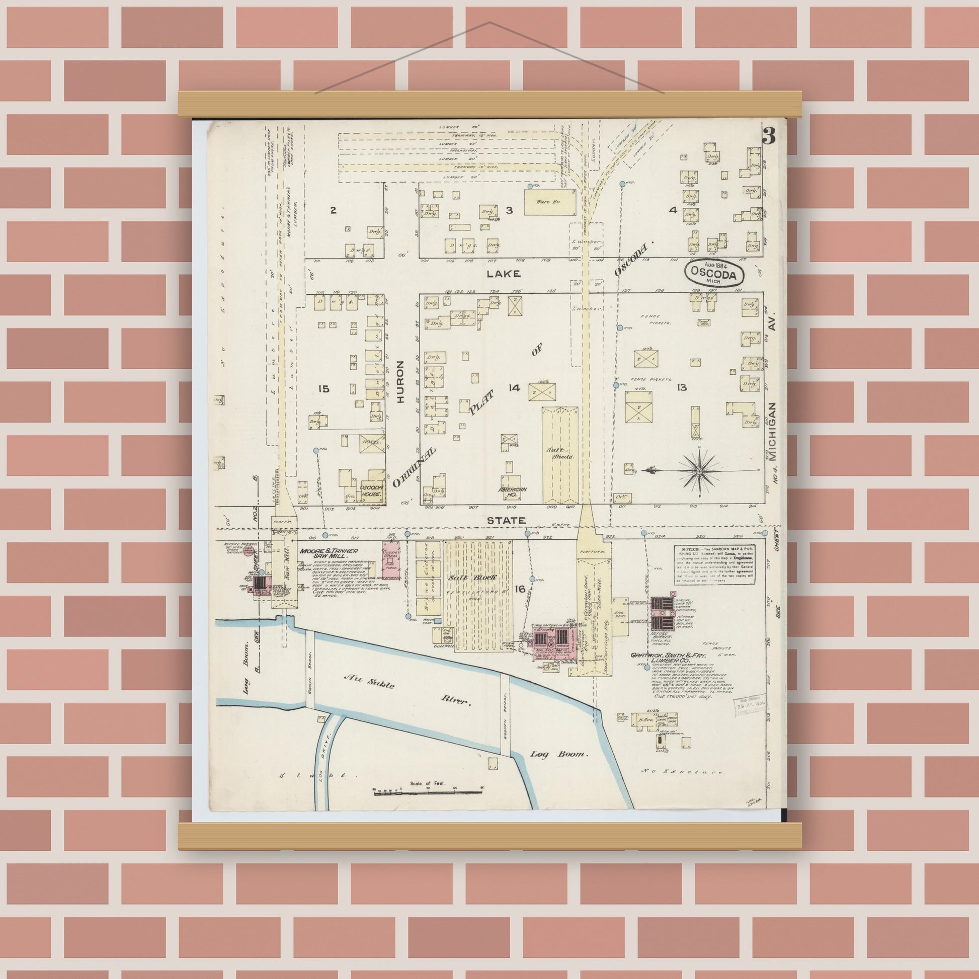 Old map wall art mockup — magnetic wood frame on brick wall — Sanborn Fire Insurance Map from Oscoda, Iosco County, Michigan (1884), Sheet #0003
