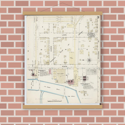 Old map wall art mockup — magnetic wood frame on brick wall — Sanborn Fire Insurance Map from Oscoda, Iosco County, Michigan (1884), Sheet #0003