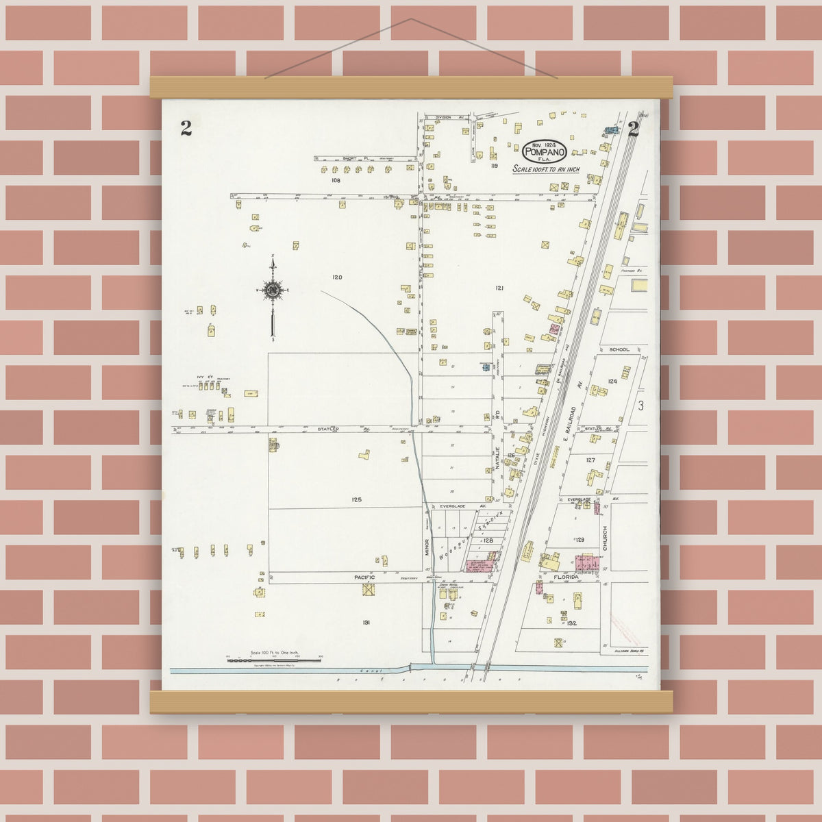 Old map wall art mockup — magnetic wood frame on brick wall — Sanborn Fire Insurance Map from Pompano, Broward County, Florida (1924), Sheet #0002
