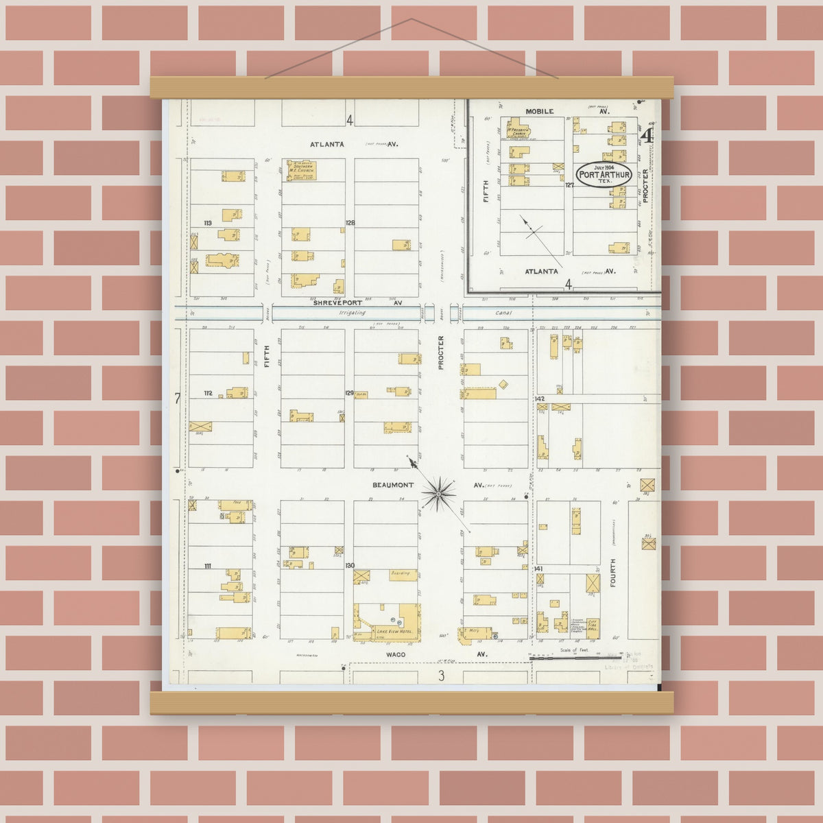 Old map wall art mockup — magnetic wood frame on brick wall — Sanborn Fire Insurance Map from Port Arthur, Jefferson County, Texas (1904), Sheet #0004