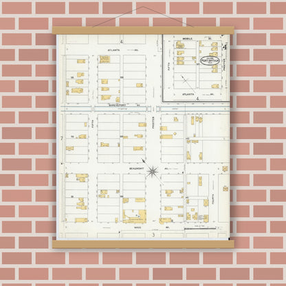 Old map wall art mockup — magnetic wood frame on brick wall — Sanborn Fire Insurance Map from Port Arthur, Jefferson County, Texas (1904), Sheet #0004