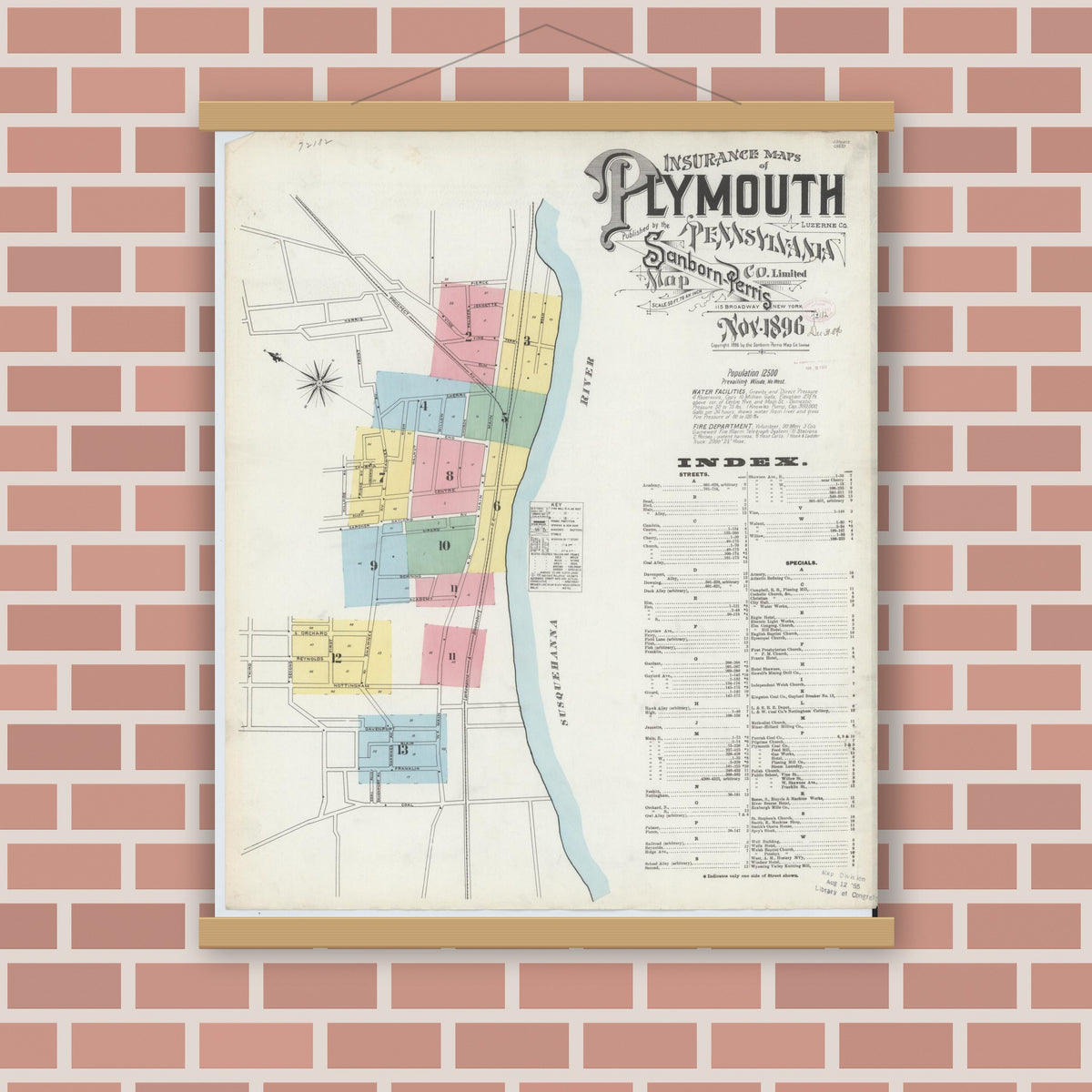 Old map wall art mockup — magnetic wood frame on brick wall — Sanborn Fire Insurance Map from Plymouth, Luzerne County, Pennsylvania (1896) - Complete Map Set