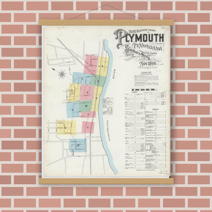 Old map wall art mockup — magnetic wood frame on brick wall — Sanborn Fire Insurance Map from Plymouth, Luzerne County, Pennsylvania (1896) - Complete Map Set