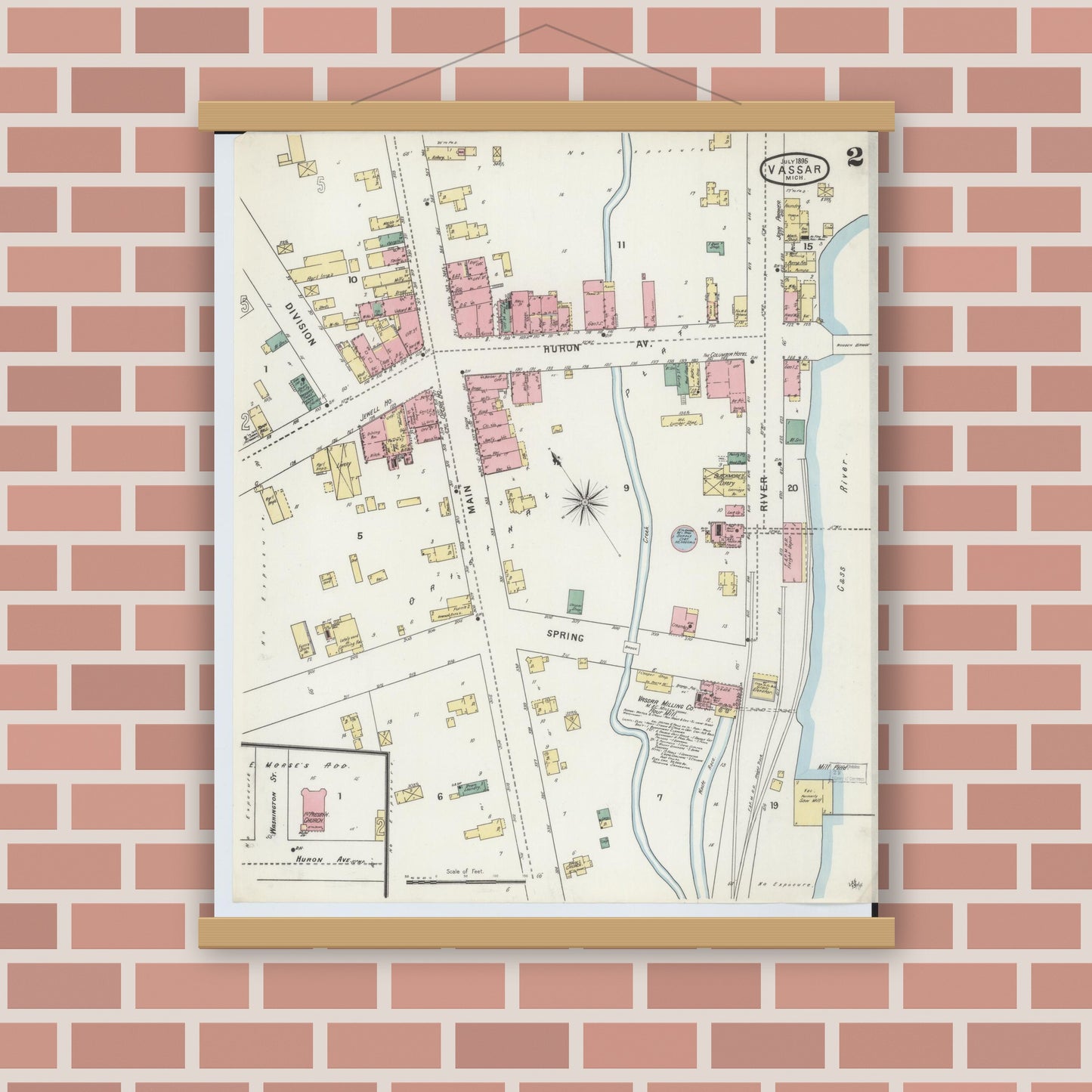 Old map wall art mockup — magnetic wood frame on brick wall — Sanborn Fire Insurance Map from Vassar, Tuscola County, Michigan (1895), Sheet #0002