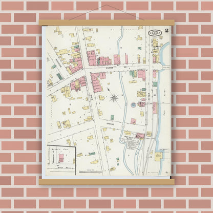 Old map wall art mockup — magnetic wood frame on brick wall — Sanborn Fire Insurance Map from Vassar, Tuscola County, Michigan (1895), Sheet #0002