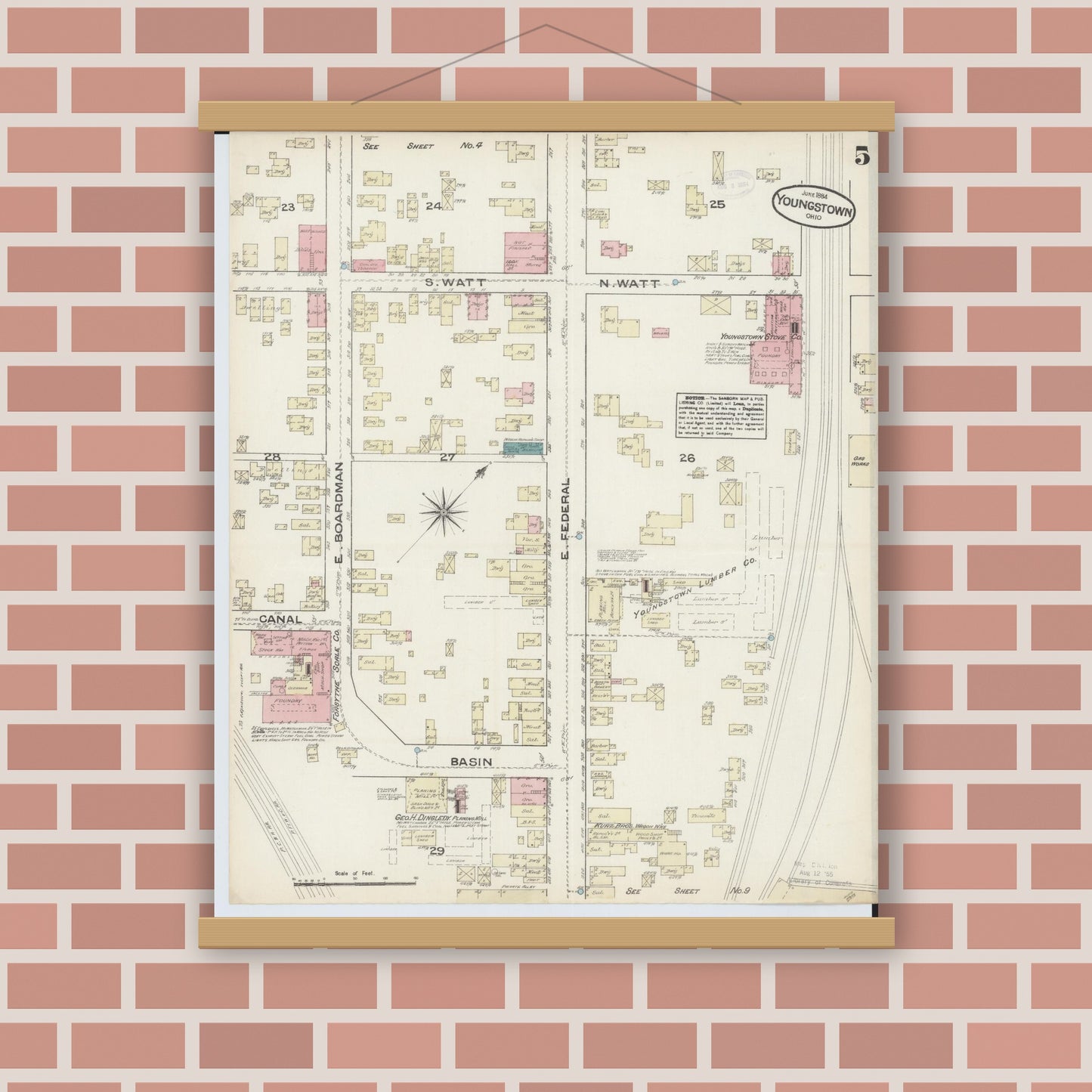 Old map wall art mockup — magnetic wood frame on brick wall — Sanborn Fire Insurance Map from Youngstown, Mahoning County, Ohio (1884), Sheet #0005