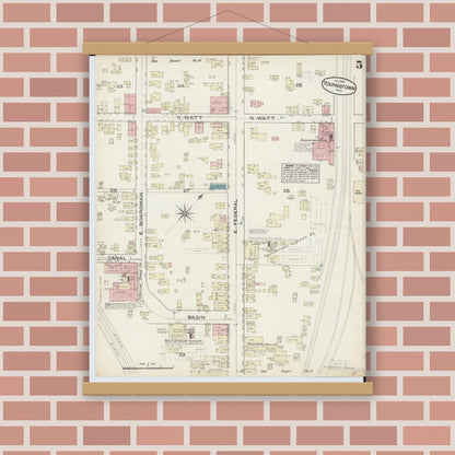 Old map wall art mockup — magnetic wood frame on brick wall — Sanborn Fire Insurance Map from Youngstown, Mahoning County, Ohio (1884), Sheet #0005