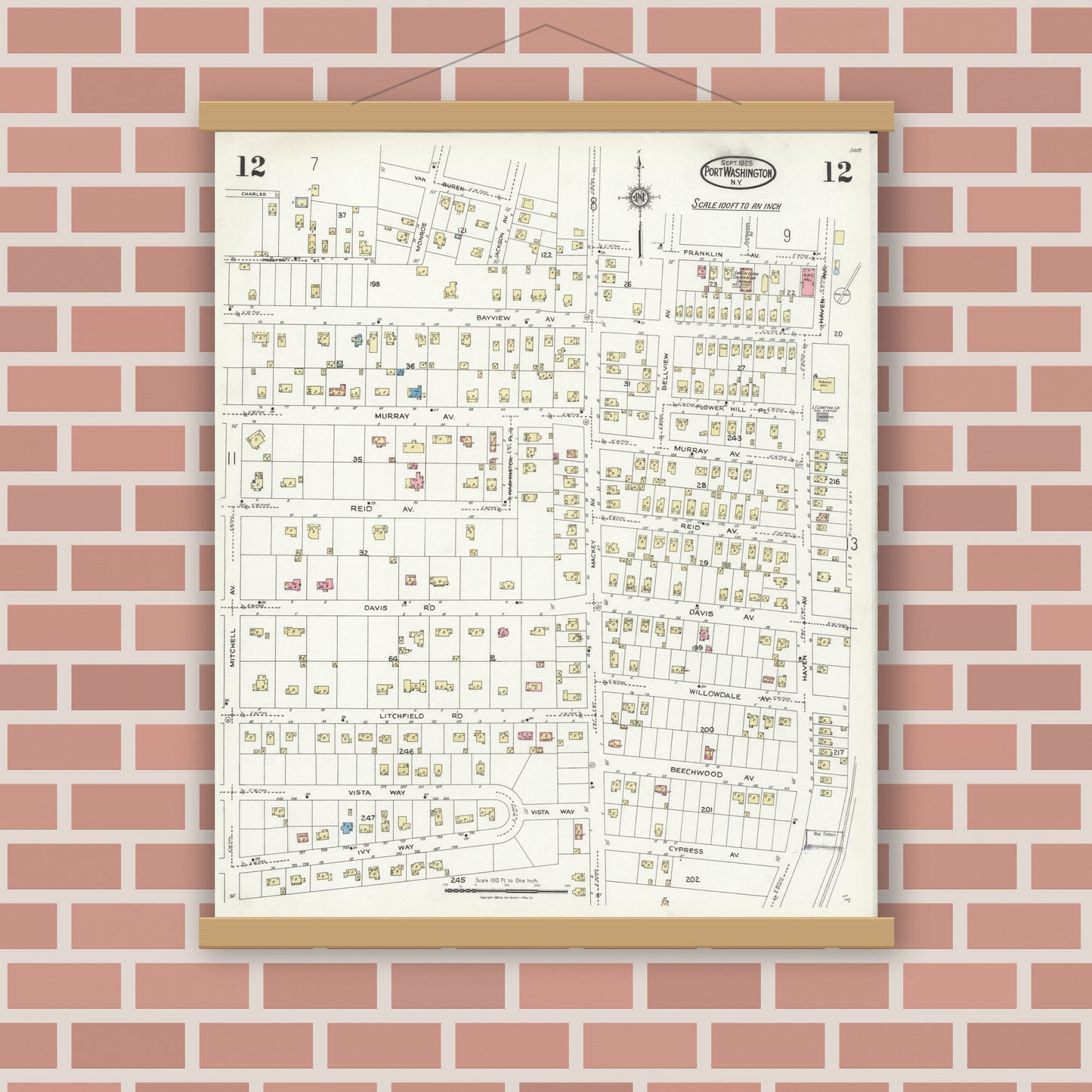 Old map wall art mockup — magnetic wood frame on brick wall — Sanborn Fire Insurance Map from Port Washington, Nassau County, New York (1925), Sheet #0012